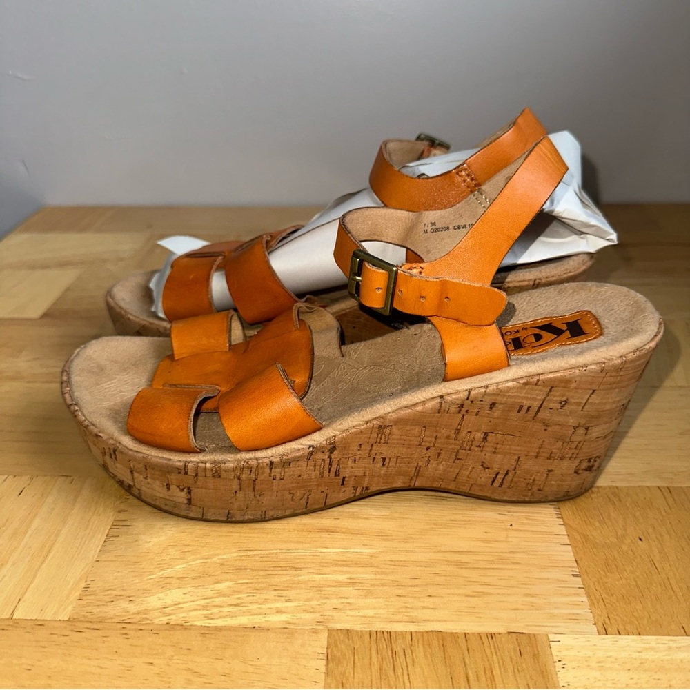 Women's Orange Leather Cork Wedge Sandals - Picture 3 of 9